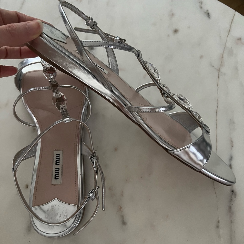 Miu Miu crystal silver flat sandals 41 New SOLD - Picture 2 of 7